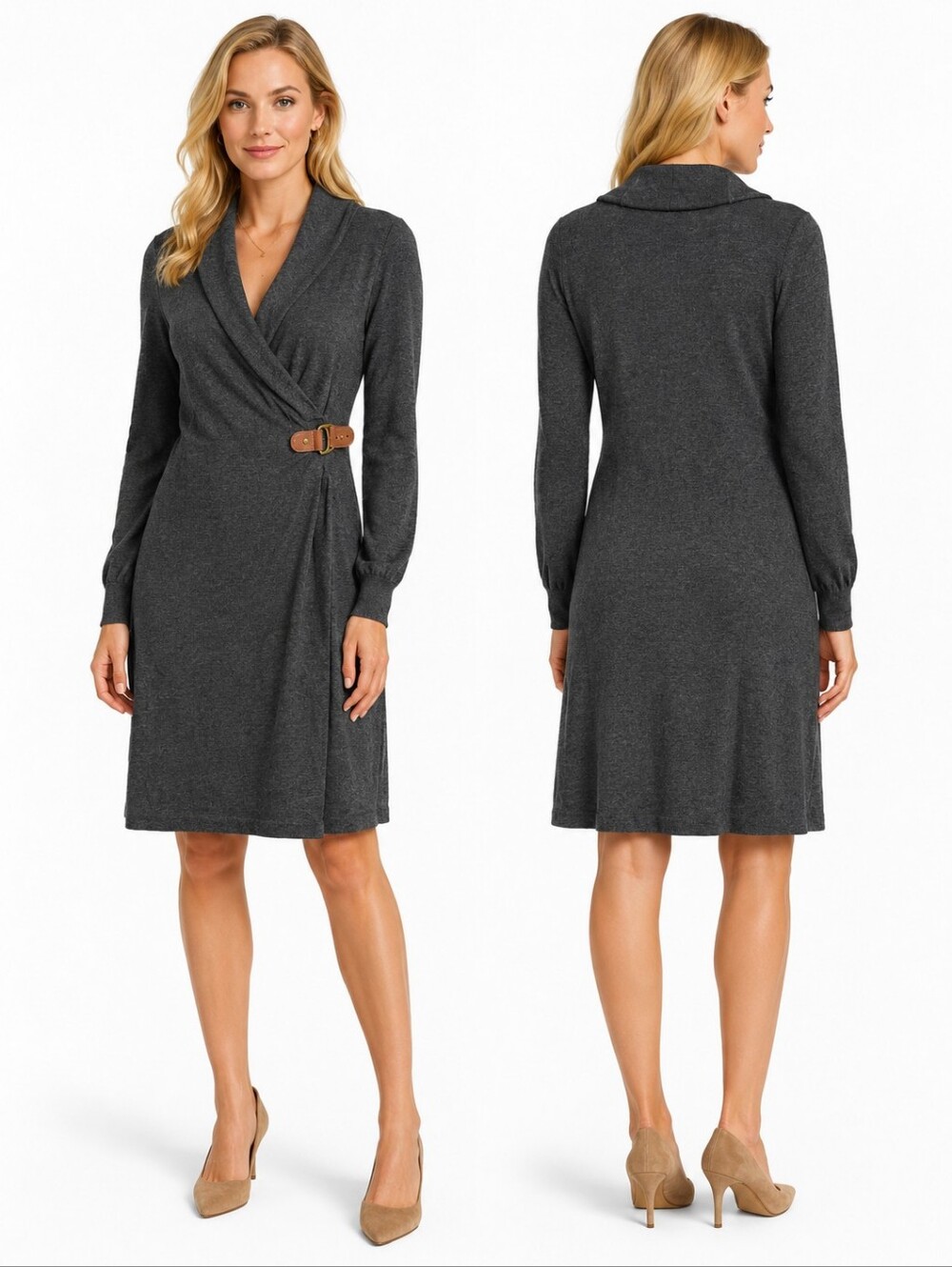 Lauren Ralph Lauren Merino Wool Faux Wrap Knit Dress Women’s Gray L Classic